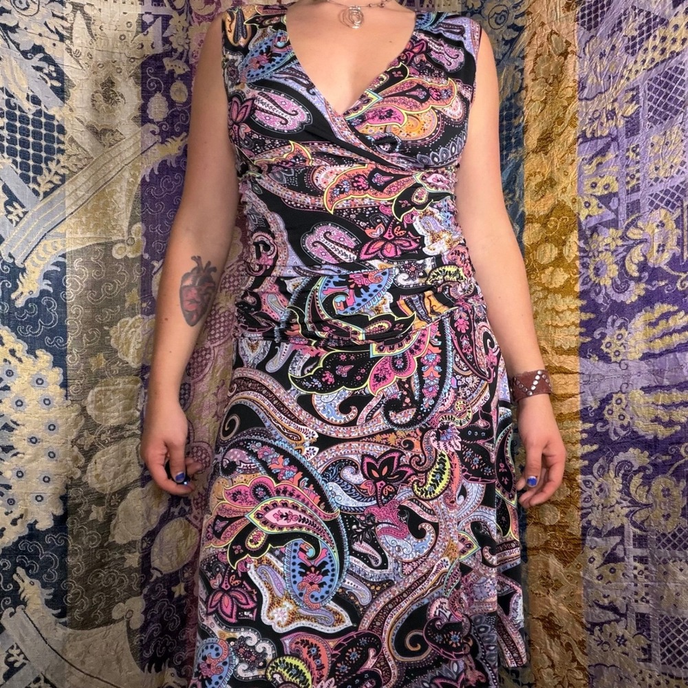 Y2K Whimsy Chic Black Paisley Drop Ruched Waist Dress Size S Boho Art to Wear